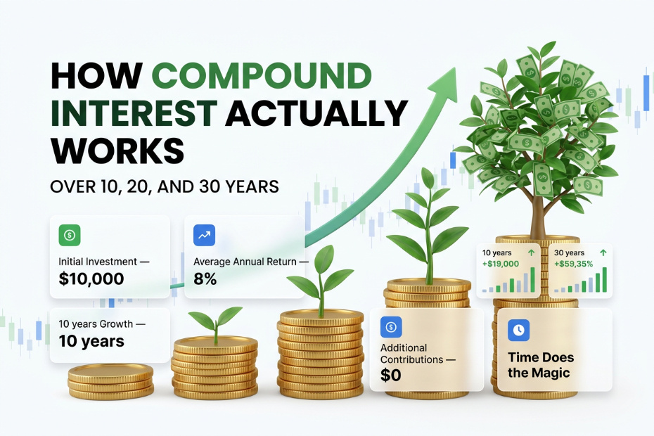 compound interest growth chart over 10 20 and 30 years with gold coins and money tree