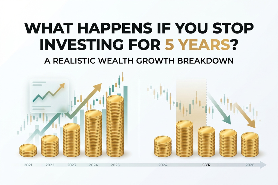 wealth growth comparison after stopping investing for 5 years with finance charts and gold coins