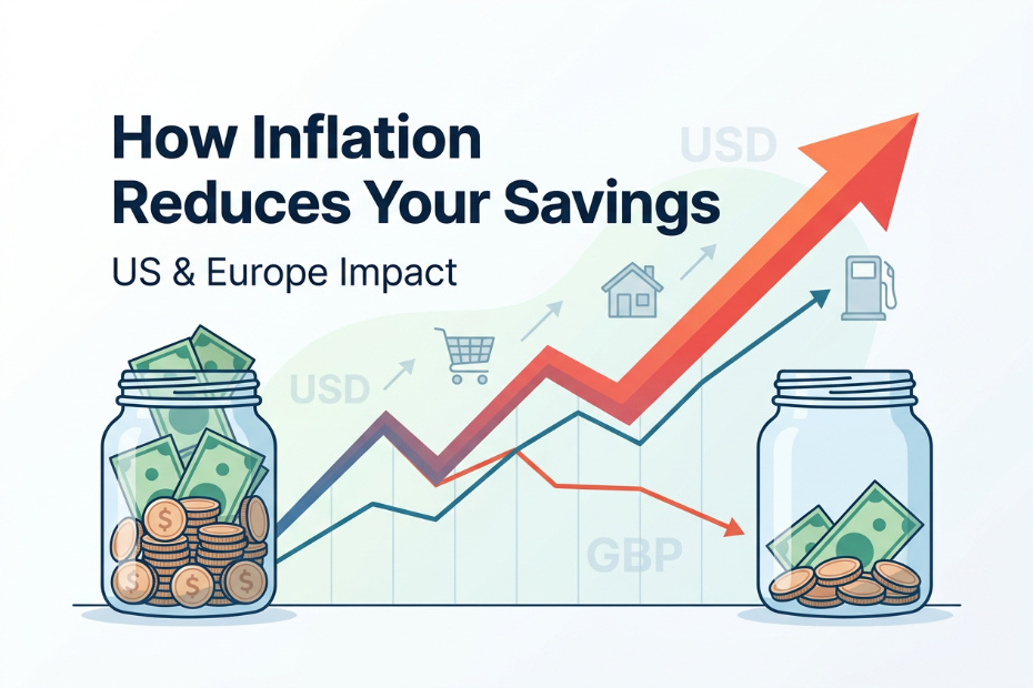 inflation reducing savings value over time with rising prices and decreasing purchasing power in us and europe