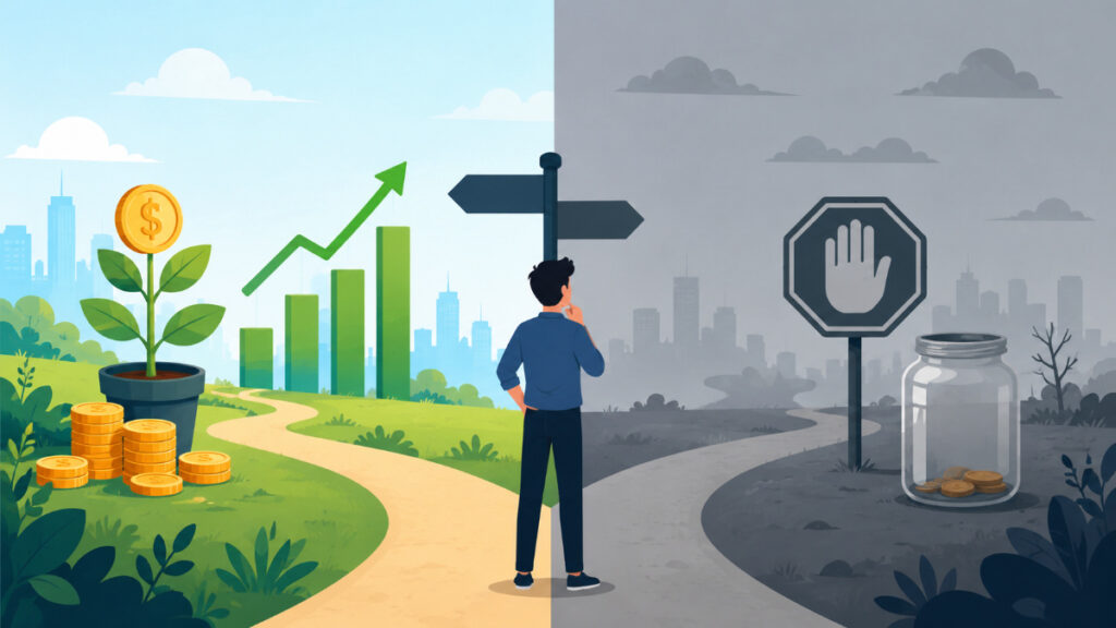 Stopping investing illustration showing wealth growth vs financial stagnation.