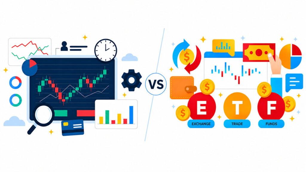 stocks vs etfs comparison investment concept